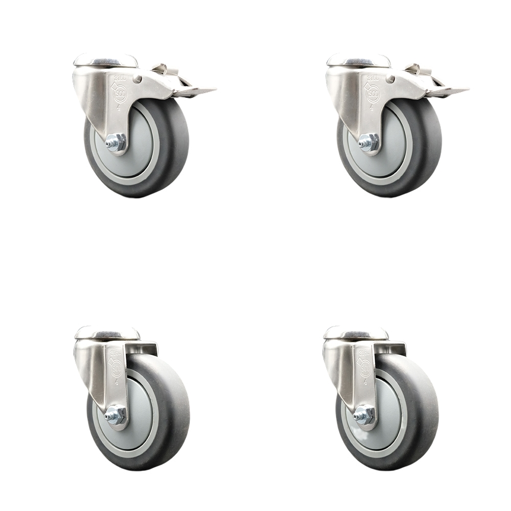 Thermoplastic Rubber Swivel Bolt Hole Caster Set of 4 with 4 Inch Gray Caster Wheels - 316 Stainless Steel Casters - Includes 2 Swivel with Total Lock Brakes and 2 Swivel - Service Caster Brand — photo 1