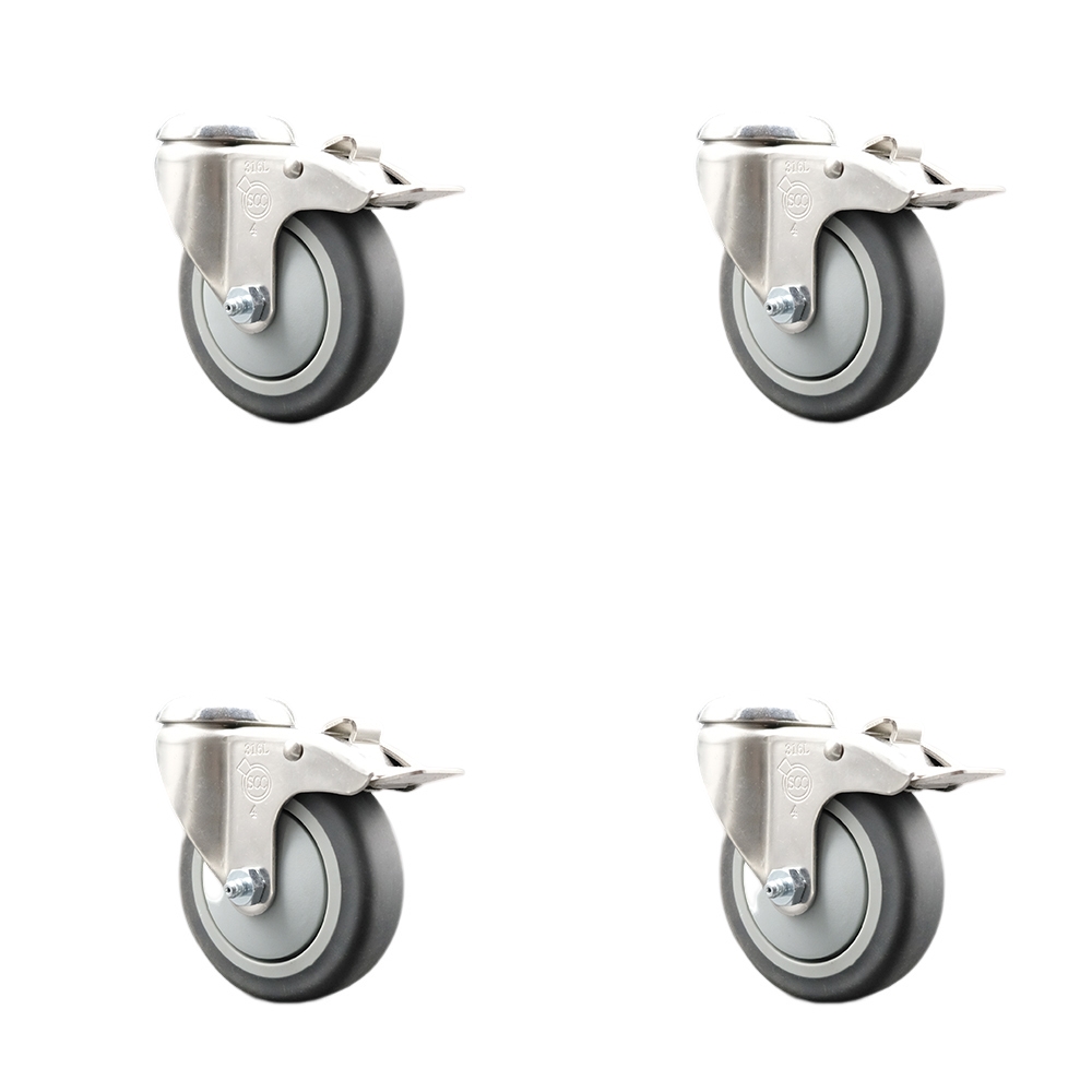 Thermoplastic Rubber Swivel Bolt Hole Caster Set of 4 with 4 Inch Caster Wheels-316 Stainless Steel Casters-Include 4 Swivel Casters with Total Lock Brake-1,000lbs. Total Capacity-Service Caster Brand — photo 1