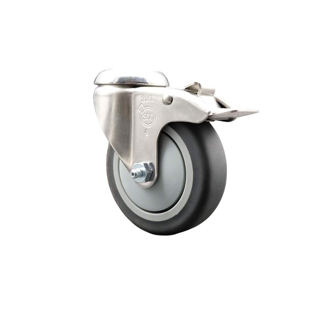 Thermoplastic Rubber Swivel Bolt Hole Caster with 4 Inch Gray Caster Wheel and Total Lock Brake - 316 Stainless Steel Caster - 250 lbs. Capacity Per Caster - Service Caster Brand — photo 1