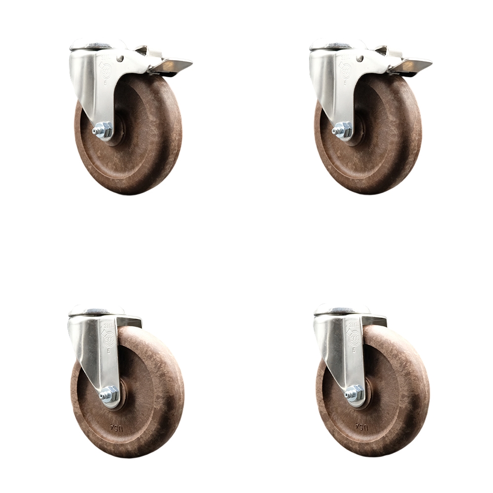 High Temp Glass Filled Nylon Swivel Bolt Hole Caster Set of 4 with 5 Inch Brown Caster Wheels - 316 Stainless Steel Casters - Includes 2 Swivel with Total Lock Brakes and 2 Swivel-Service Caster Brand — photo 1