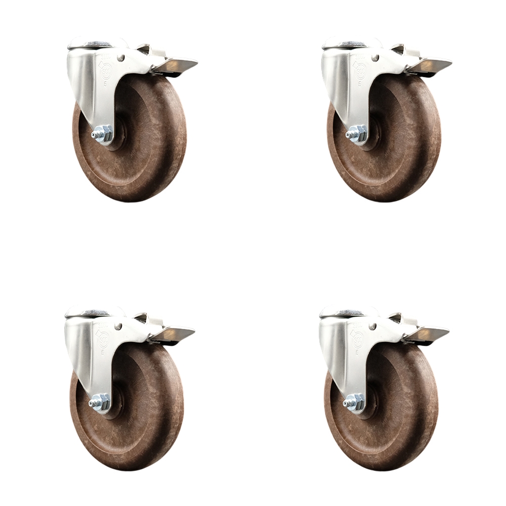 High Temp Glass Filled Nylon Swivel Bolt Hole Caster Set of 4 with 5 Inch Brown Caster Wheels - 316 Stainless Steel Casters - Includes 4 Swivel Casters with Total Lock Brakes - Service Caster Brand — photo 1