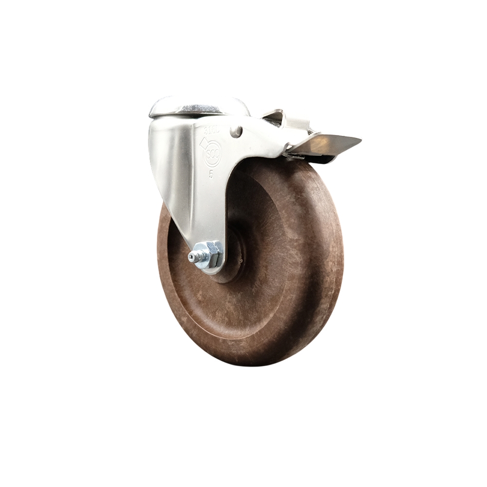 High Temperature Glass Filled Nylon Swivel Bolt Hole Caster with 5 Inch Brown Caster Wheel and Total Lock Brake - 316 Stainless Steel Caster - 350 lbs. Capacity Per Caster - Service Caster Brand — photo 1