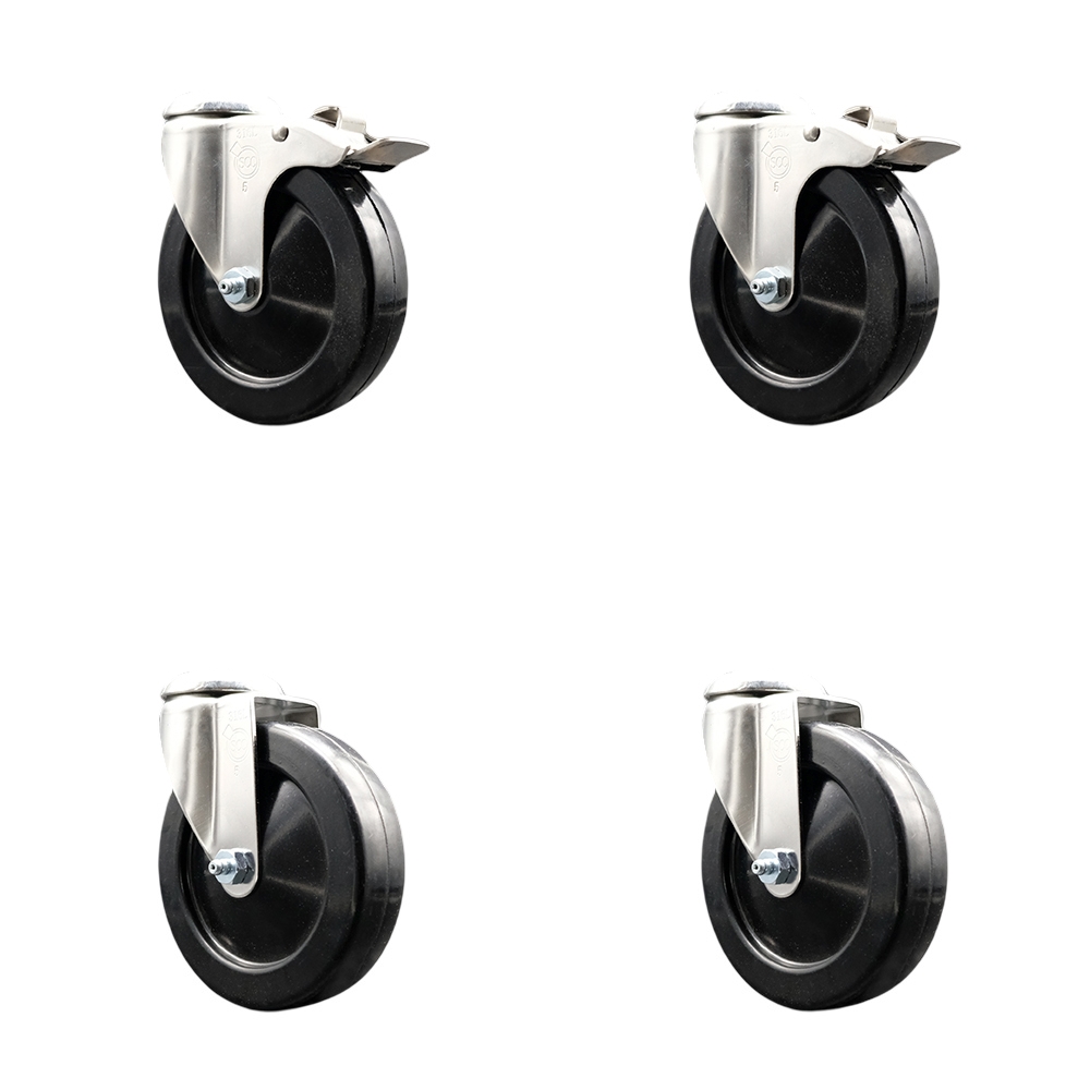 Hard Rubber Swivel Bolt Hole Caster Set of 4 with 5 Inch Black Caster Wheels - 316 Stainless Steel Casters - Includes 2 Swivel with Total Lock Brakes and 2 Swivel - Service Caster Brand — photo 1
