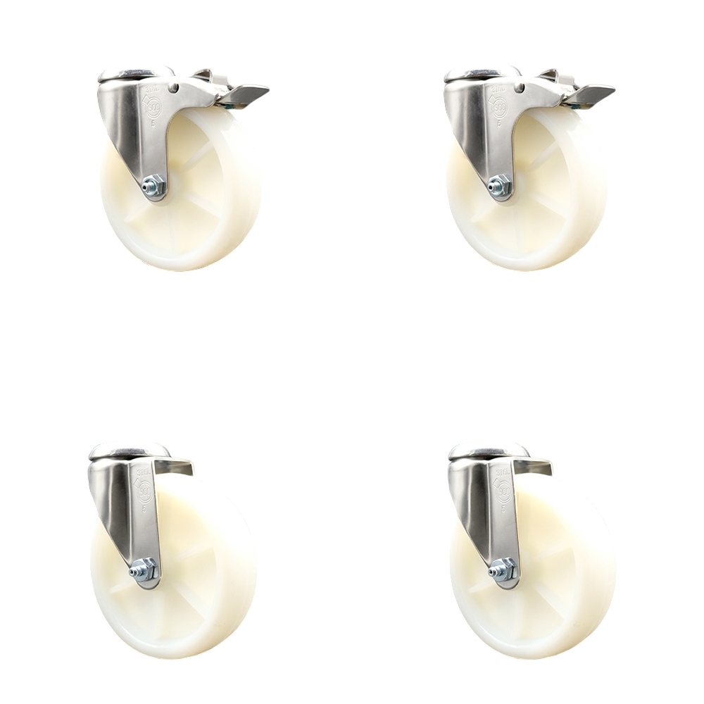 Nylon Swivel Bolt Hole Caster Set of 4 with 5 Inch White Caster Wheels - 316 Stainless Steel Casters - Includes 2 Swivel with Total Lock Brakes and 2 Swivel - Service Caster Brand — photo 1