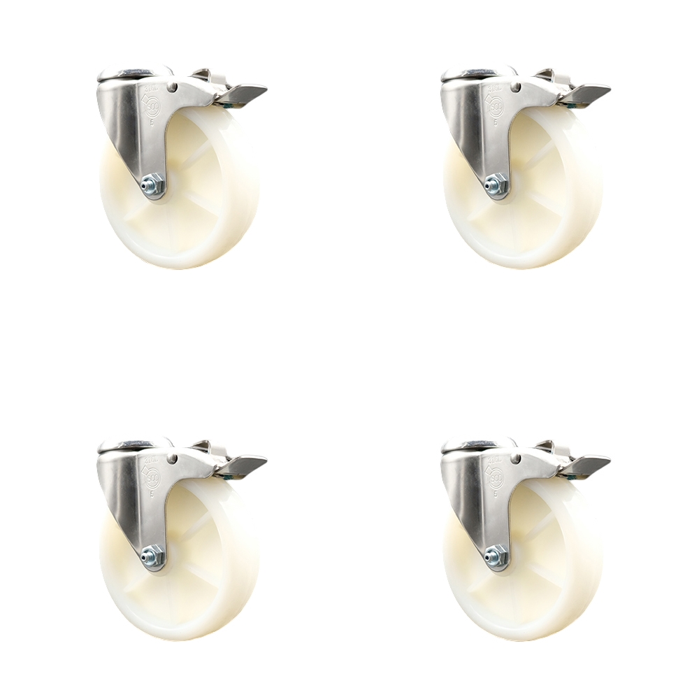 Nylon Swivel Bolt Hole Caster Set of 4 with 5 Inch White Caster Wheels-316 Stainless Steel Casters - Includes 4 Swivel Casters with Total Lock Brakes - 1,200 lbs. Total Capacity - Service Caster Brand — photo 1