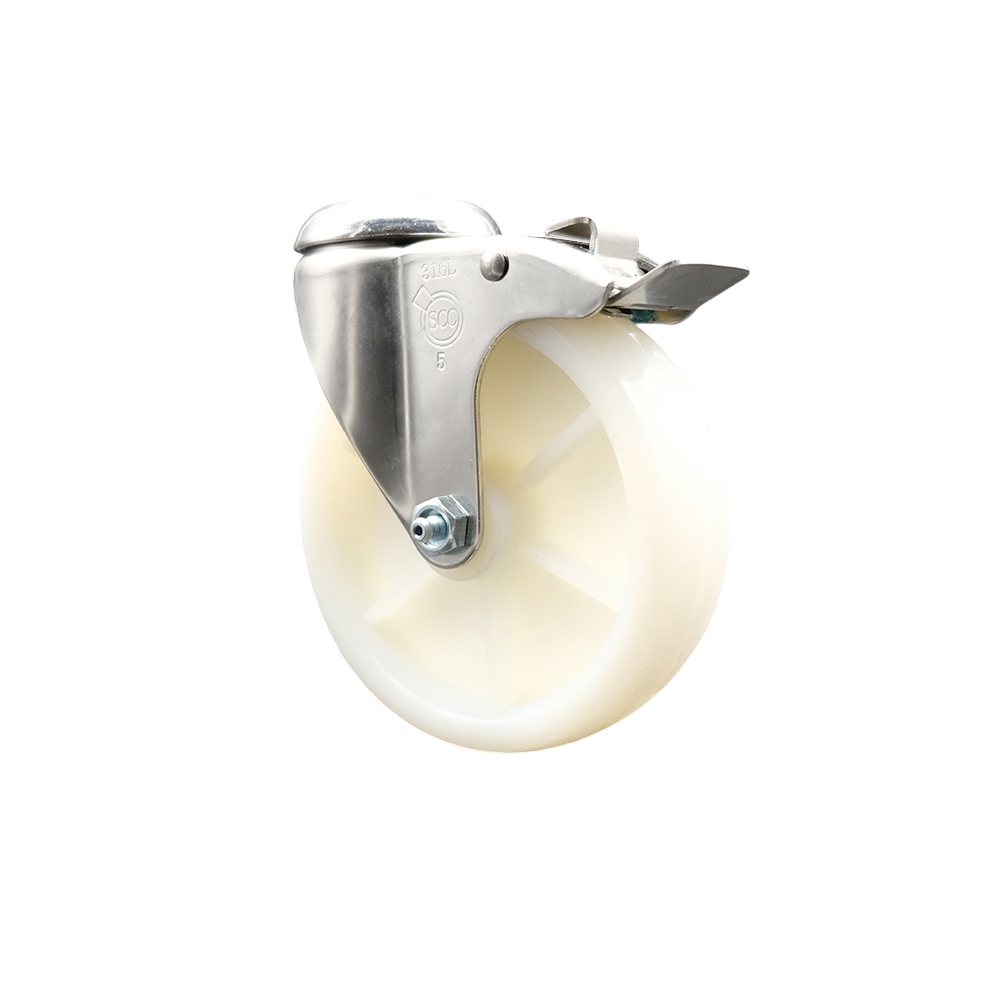Nylon Swivel Bolt Hole Caster with 5 Inch White Caster Wheel and Total Lock Brake - 316 Stainless Steel Caster - 300 lbs. Capacity Per Caster - Service Caster Brand — photo 1