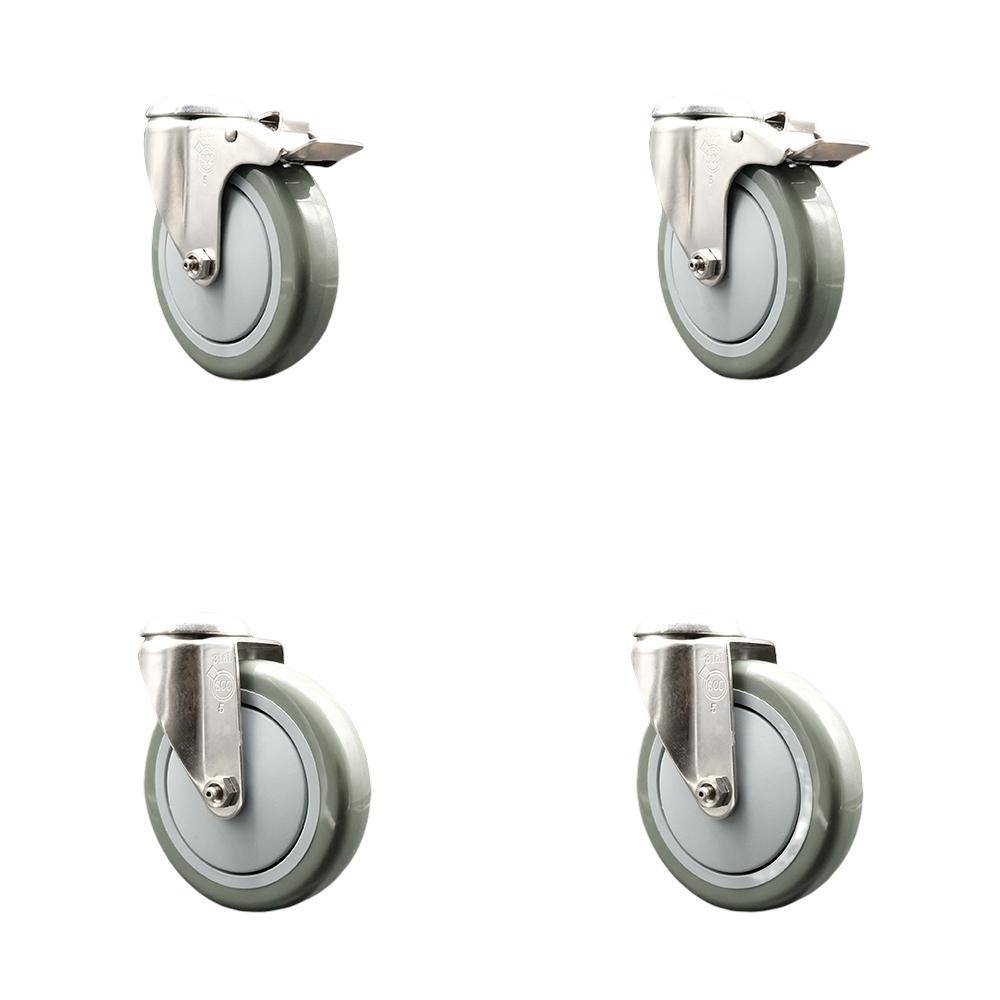 Polyurethane Swivel Bolt Hole Caster Set of 4 with 5 Inch Gray Caster Wheels - 316 Stainless Steel Casters - Includes 2 Swivel with Total Lock Brakes and 2 Swivel - Service Caster Brand — photo 1