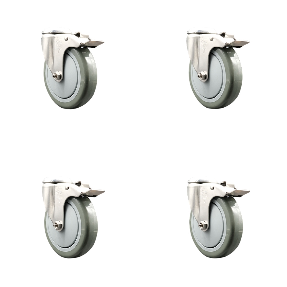 Polyurethane Swivel Bolt Hole Caster Set of 4 with 5 Inch Gray Caster Wheels-316 Stainless Steel Caster- Includes 4 Swivel Casters with Total Lock Brake-1,400 lbs. Total Capacity-Service Caster Brand — photo 1