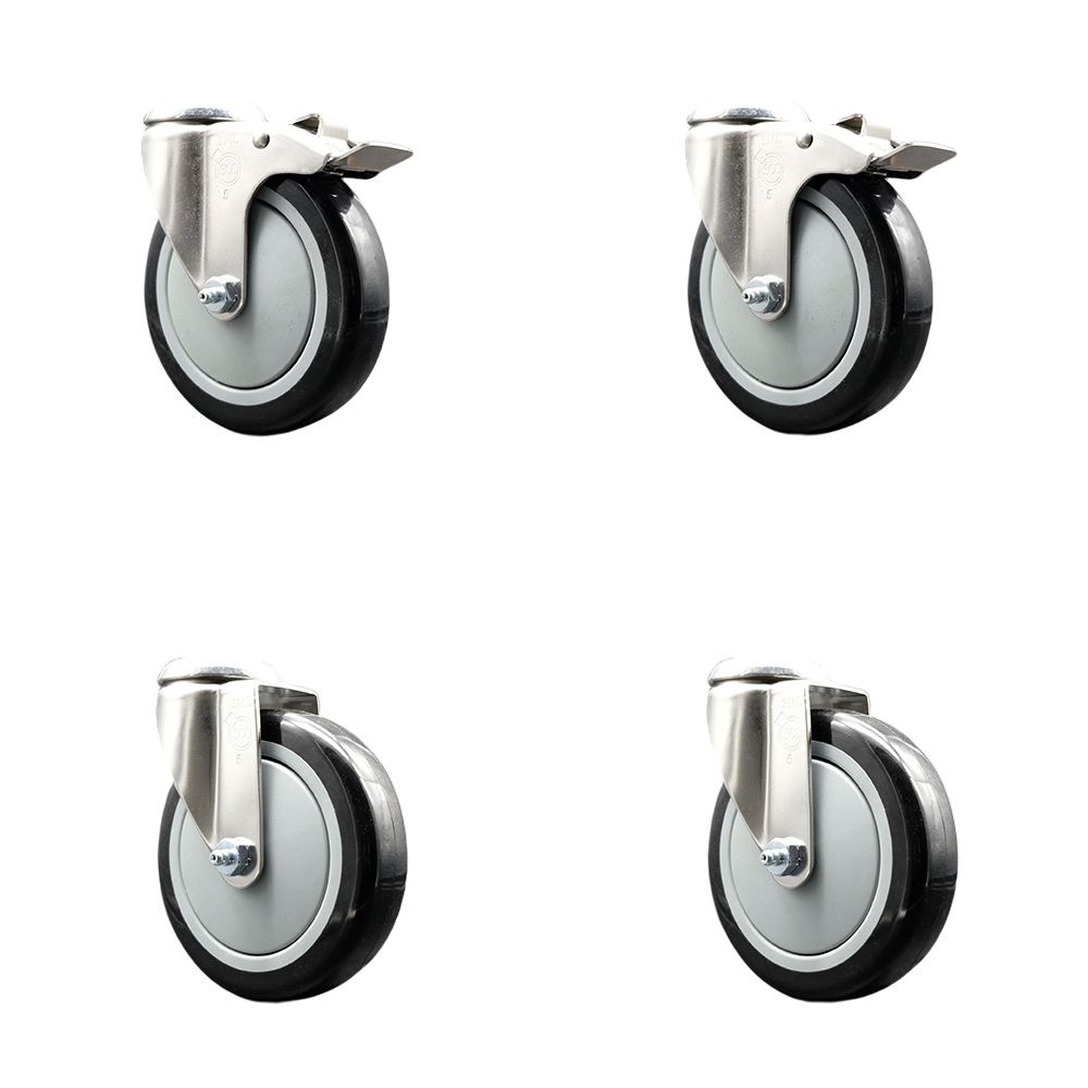 Polyurethane Swivel Bolt Hole Caster Set of 4 with 5 Inch Black Caster Wheels - 316 Stainless Steel Casters - Includes 2 Swivel with Total Lock Brakes and 2 Swivel - Service Caster Brand — photo 1