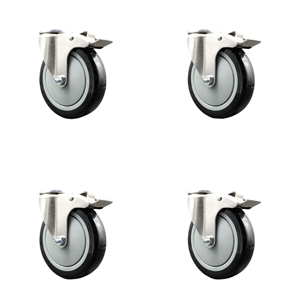Polyurethane Swivel Bolt Hole Caster Set of 4 with 5 Inch Black Caster Wheels-316 Stainless Steel Caster- Includes 4 Swivel Casters with Total Lock Brake-1,400 lbs. Total Capacity-Service Caster Brand — photo 1