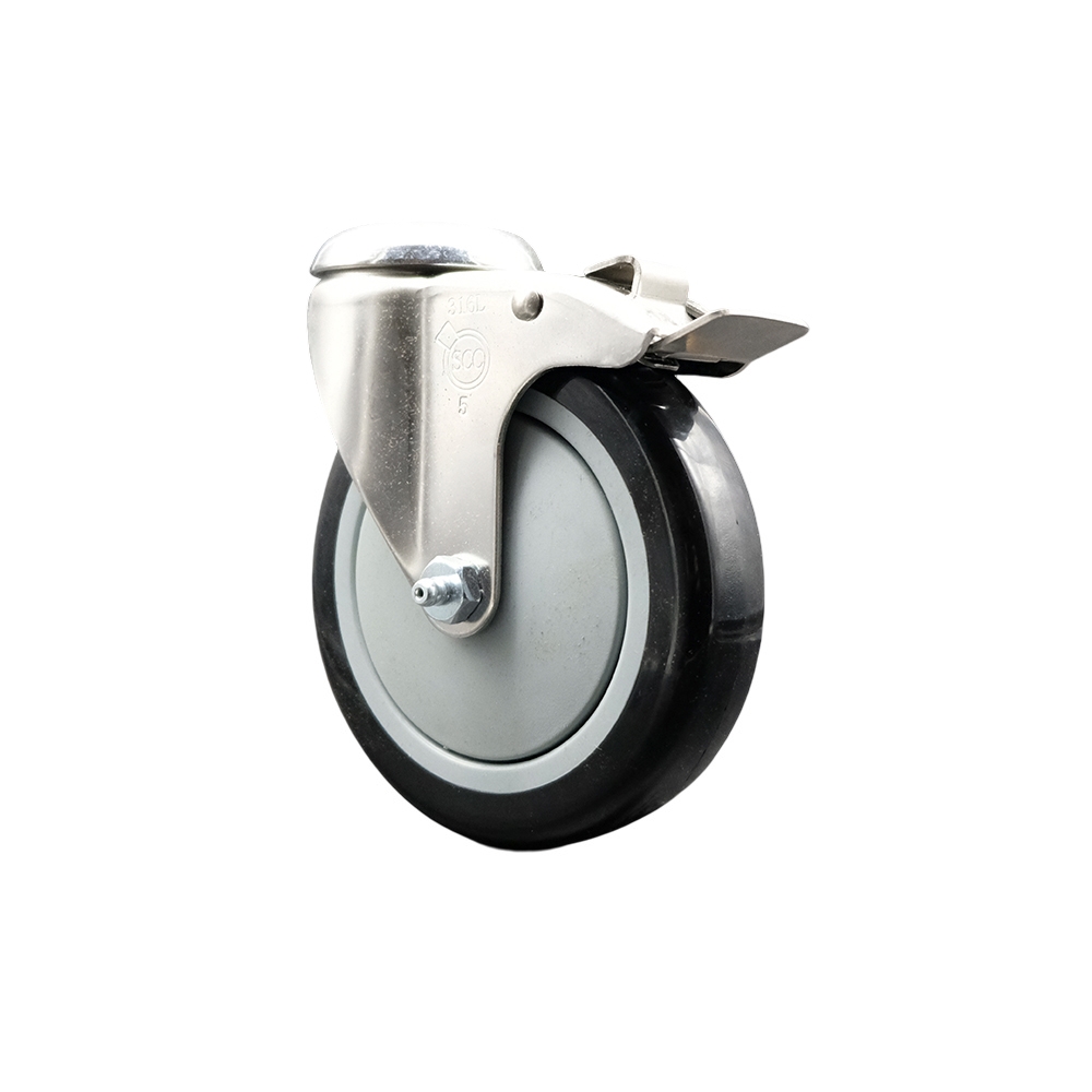 Polyurethane Swivel Bolt Hole Caster with 5 Inch Black Caster Wheel and Total Lock Brake - 316 Stainless Steel Caster - 350 lbs. Capacity Per Caster - Service Caster Brand — photo 1