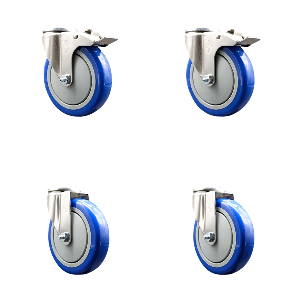 Polyurethane Swivel Bolt Hole Caster Set of 4 with 5 Inch Blue Caster Wheels - 316 Stainless Steel Casters - Includes 2 Swivel with Total Lock Brakes and 2 Swivel - Service Caster Brand — photo 1
