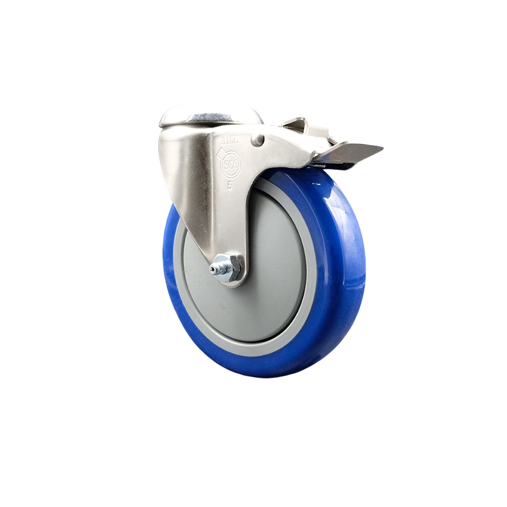 Polyurethane Swivel Bolt Hole Caster with 5 Inch Blue Caster Wheel and Total Lock Brake - 316 Stainless Steel Caster - 350 lbs. Capacity Per Caster - Service Caster Brand — photo 1