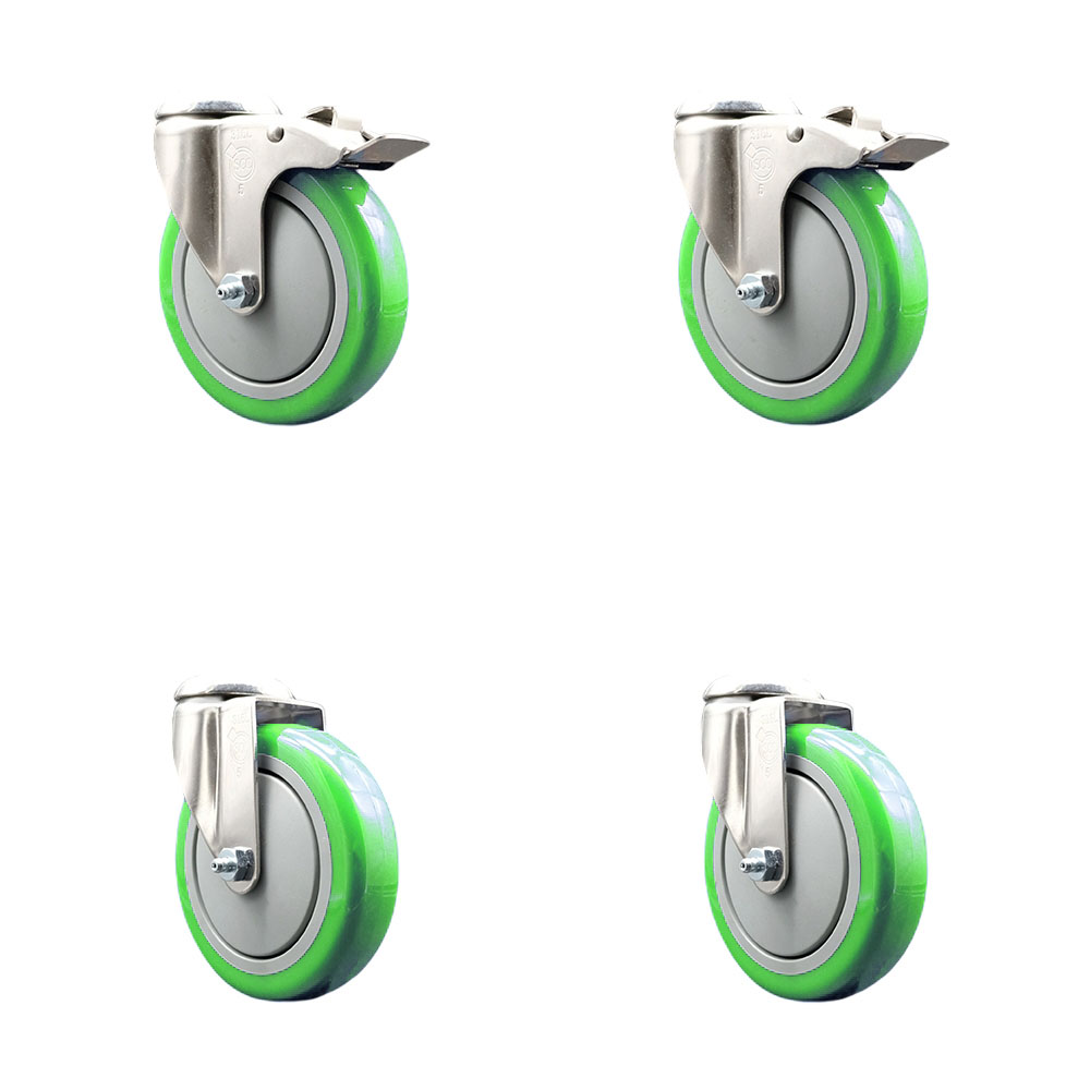 Polyurethane Swivel Bolt Hole Caster Set of 4 with 5 Inch Green Caster Wheels - 316 Stainless Steel Casters - Includes 2 Swivel with Total Lock Brakes and 2 Swivel - Service Caster Brand — photo 1