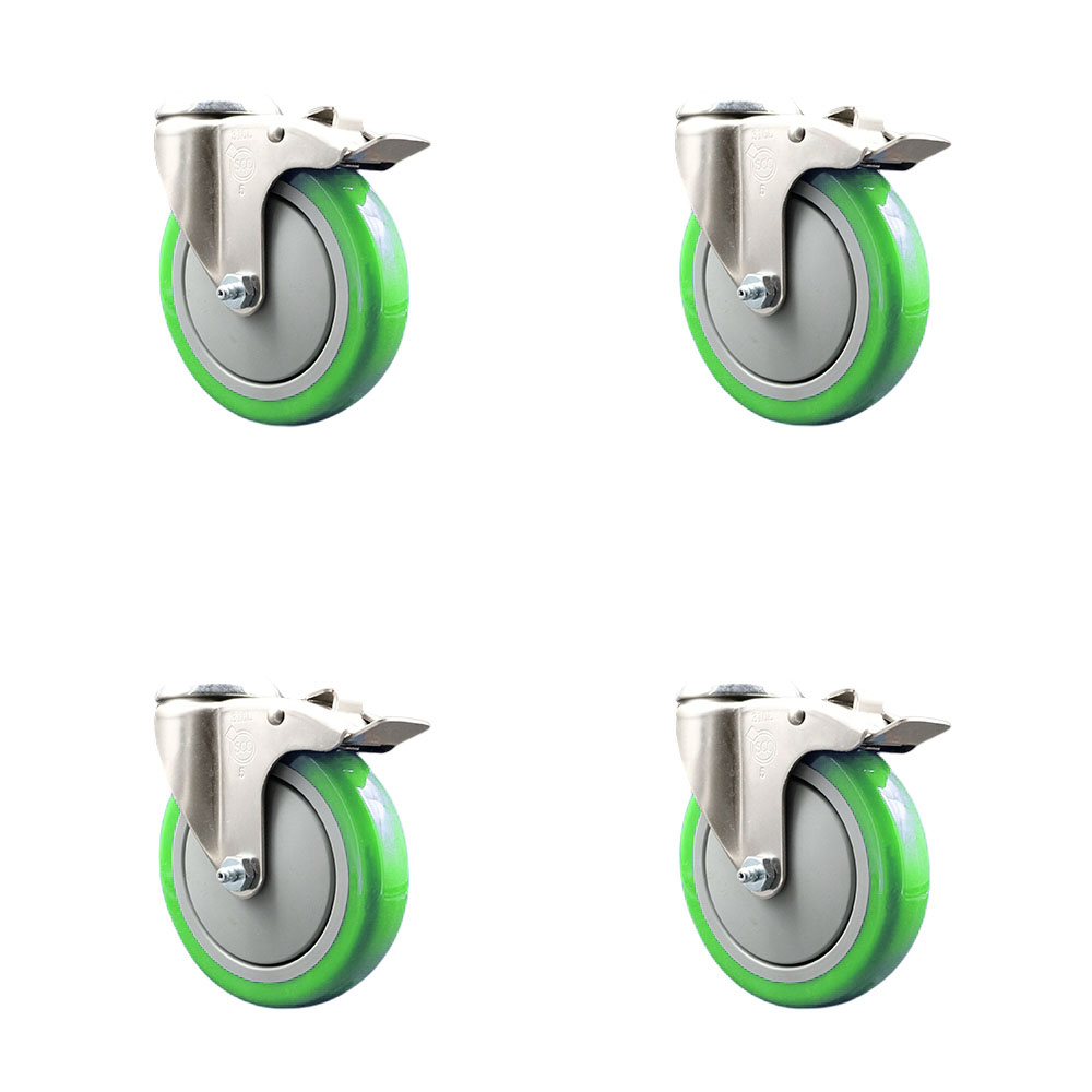 Polyurethane Swivel Bolt Hole Caster Set of 4 with 5 Inch Green Caster Wheels-316 Stainless Steel Caster- Includes 4 Swivel Casters with Total Lock Brake-1,400 lbs. Total Capacity-Service Caster Brand — photo 1