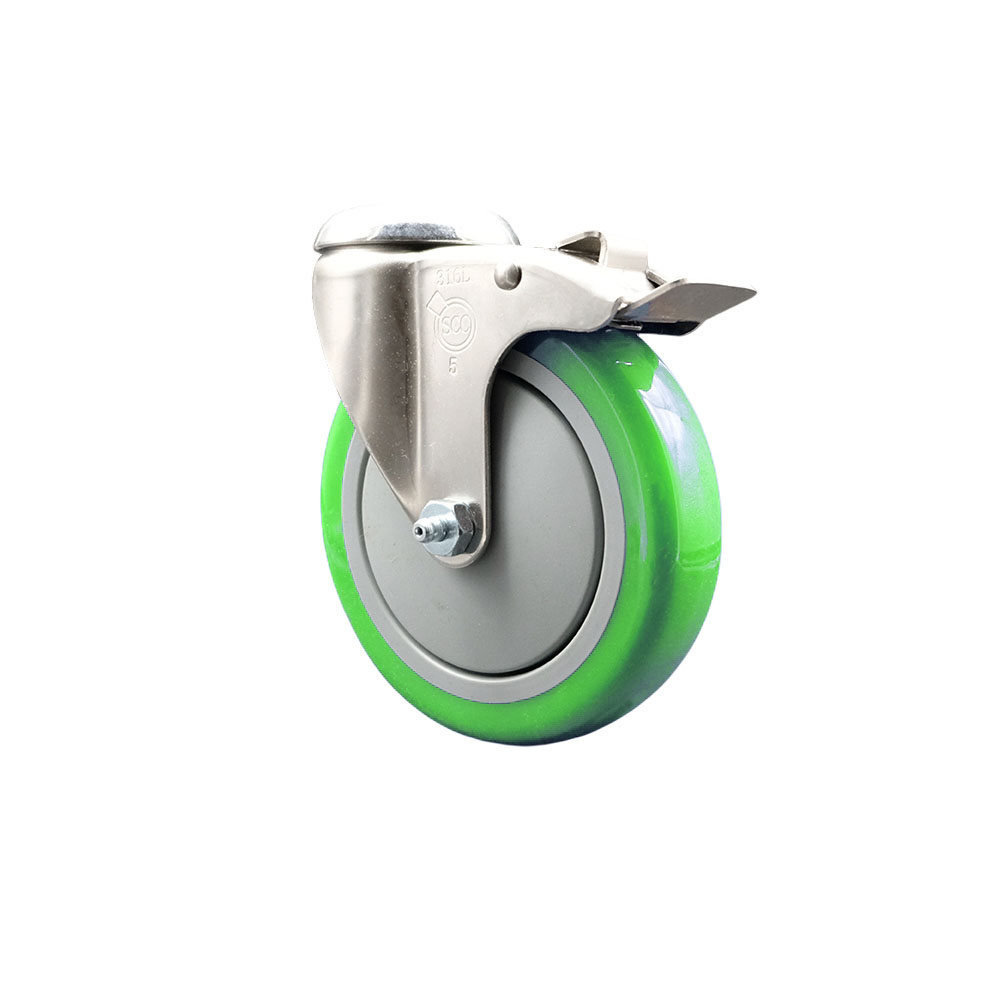Polyurethane Swivel Bolt Hole Caster with 5 Inch Green Caster Wheel and Total Lock Brake - 316 Stainless Steel Caster - 350 lbs. Capacity Per Caster - Service Caster Brand — photo 1