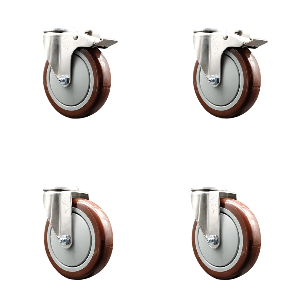 Polyurethane Swivel Bolt Hole Caster Set of 4 with 5 Inch Maroon Caster Wheels - 316 Stainless Steel Casters - Includes 2 Swivel with Total Lock Brakes and 2 Swivel - Service Caster Brand — photo 1