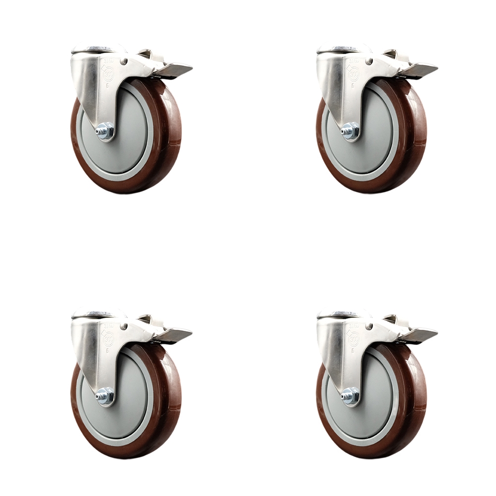 Polyurethane Swivel Bolt Hole Caster Set of 4 with 5 Inch Maroon Caster Wheels-316 Stainless Steel Caster- Includes 4 Swivel Casters with Total Lock Brake-1,400lbs. Total Capacity-Service Caster Brand — photo 1