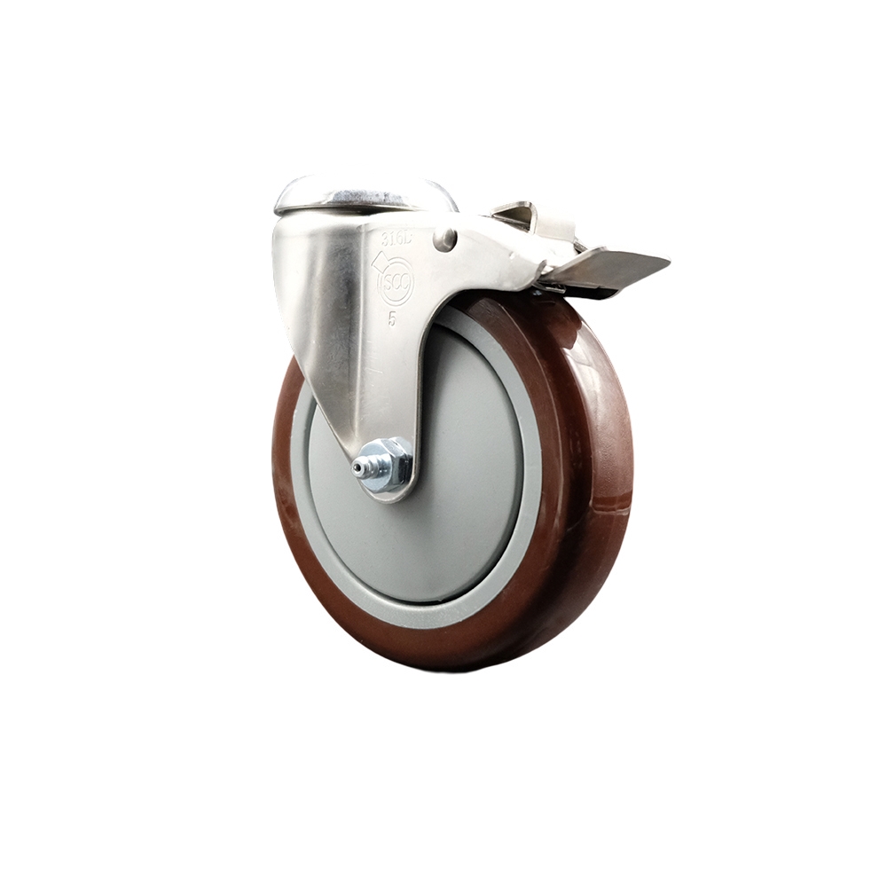 Polyurethane Swivel Bolt Hole Caster with 5 Inch Maroon Caster Wheel and Total Lock Brake - 316 Stainless Steel Caster - 350 lbs. Capacity Per Caster - Service Caster Brand — photo 1