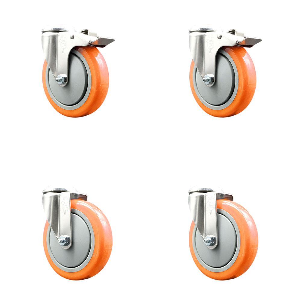 Polyurethane Swivel Bolt Hole Caster Set of 4 with 5 Inch Orange Caster Wheels - 316 Stainless Steel Casters - Includes 2 Swivel with Total Lock Brakes and 2 Swivel - Service Caster Brand — photo 1
