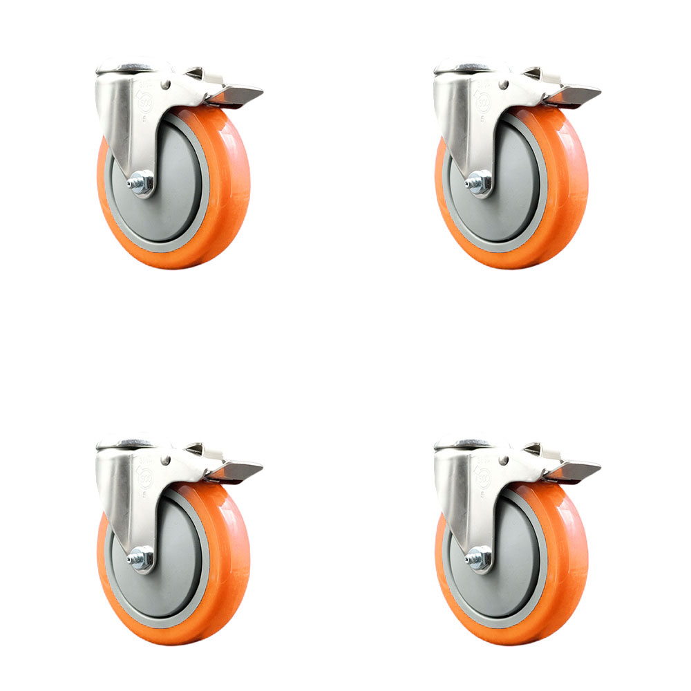 Polyurethane Swivel Bolt Hole Caster Set of 4 with 5 Inch Orange Caster Wheels-316 Stainless Steel Caster- Includes 4 Swivel Casters with Total Lock Brake-1,400lbs. Total Capacity-Service Caster Brand — photo 1