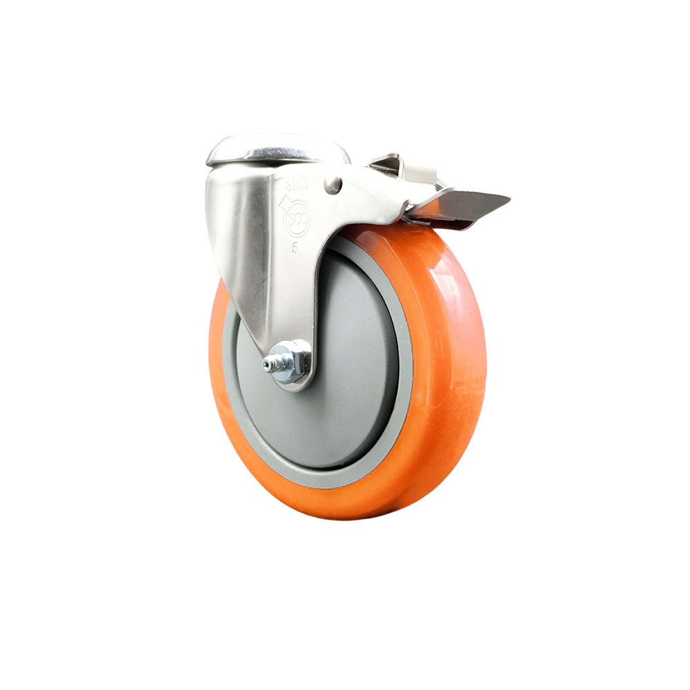 Polyurethane Swivel Bolt Hole Caster with 5 Inch Orange Caster Wheel and Total Lock Brake - 316 Stainless Steel Caster - 350 lbs. Capacity Per Caster - Service Caster Brand — photo 1