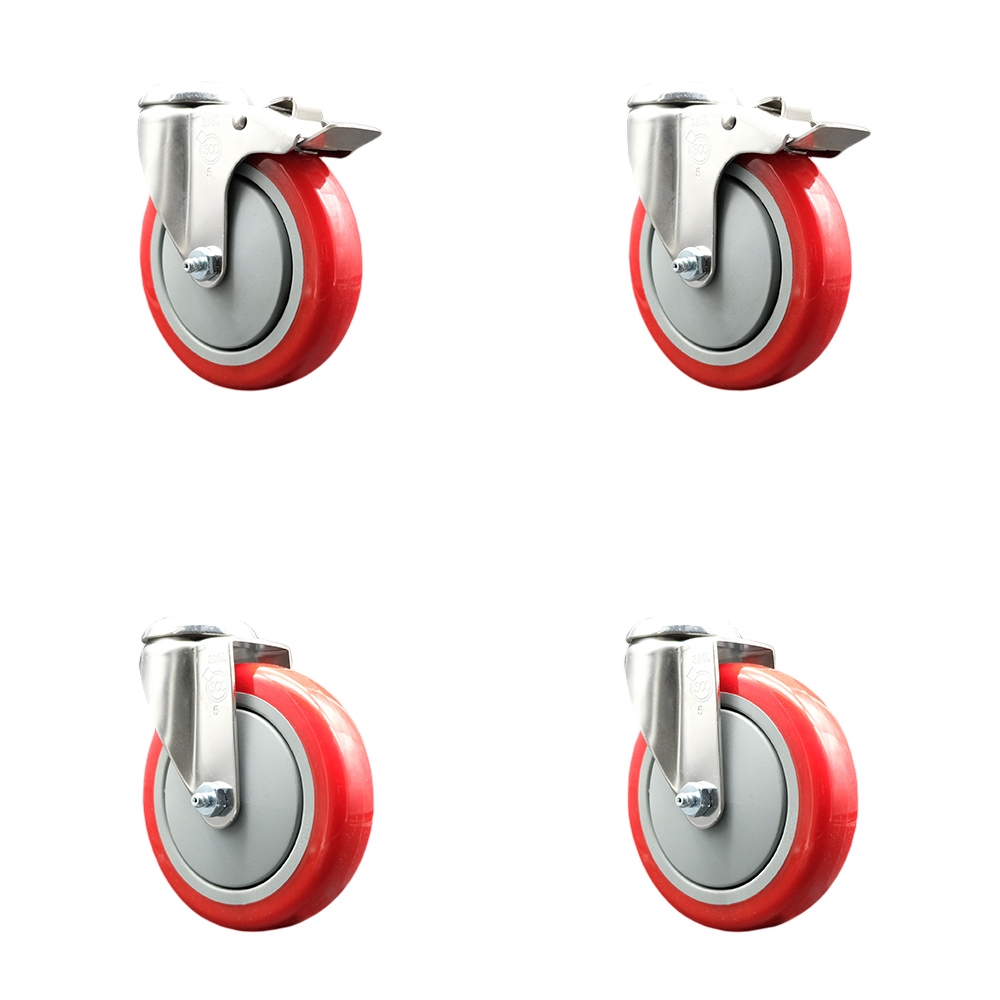 Polyurethane Swivel Bolt Hole Caster Set of 4 with 5 Inch Red Caster Wheels - 316 Stainless Steel Casters - Includes 2 Swivel with Total Lock Brakes and 2 Swivel - Service Caster Brand — photo 1