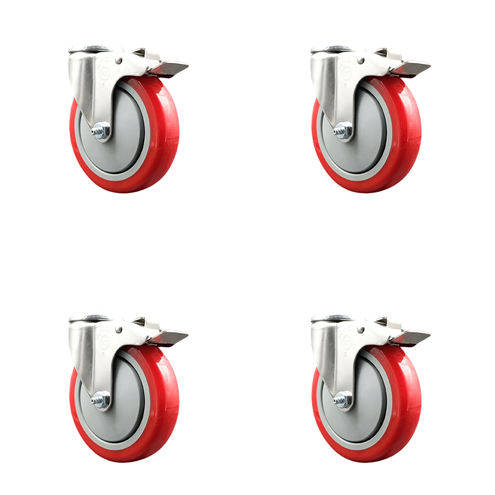 Polyurethane Swivel Bolt Hole Caster Set of 4 with 5 Inch Red Caster Wheels-316 Stainless Steel Caster- Includes 4 Swivel Casters with Total Lock Brake-1,400 lbs. Total Capacity-Service Caster Brand — photo 1