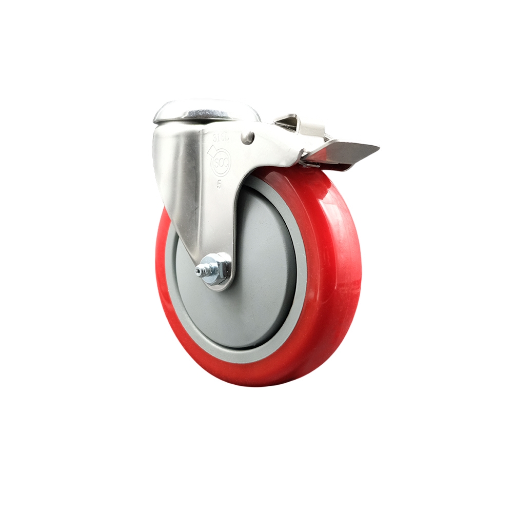 Polyurethane Swivel Bolt Hole Caster with 5 Inch Red Caster Wheel and Total Lock Brake - 316 Stainless Steel Caster - 350 lbs. Capacity Per Caster - Service Caster Brand — photo 1