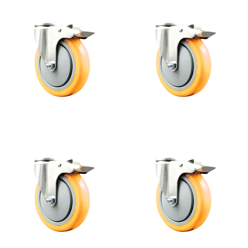 Polyurethane Swivel Bolt Hole Caster Set of 4 with 5 Inch Yellow Caster Wheels-316 Stainless Steel Caster- Includes 4 Swivel Casters with Total Lock Brake-1,400lbs. Total Capacity-Service Caster Brand — photo 1