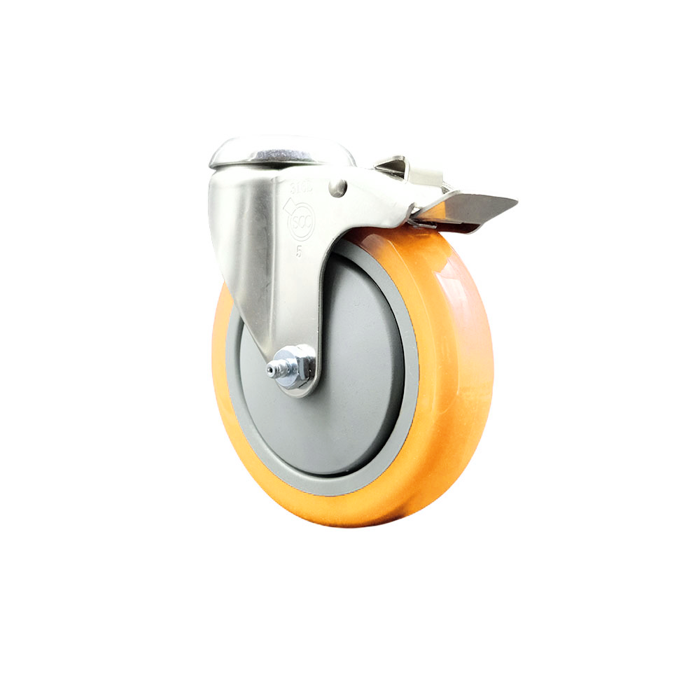 Polyurethane Swivel Bolt Hole Caster with 5 Inch Yellow Caster Wheel and Total Lock Brake - 316 Stainless Steel Caster - 350 lbs. Capacity Per Caster - Service Caster Brand — photo 1