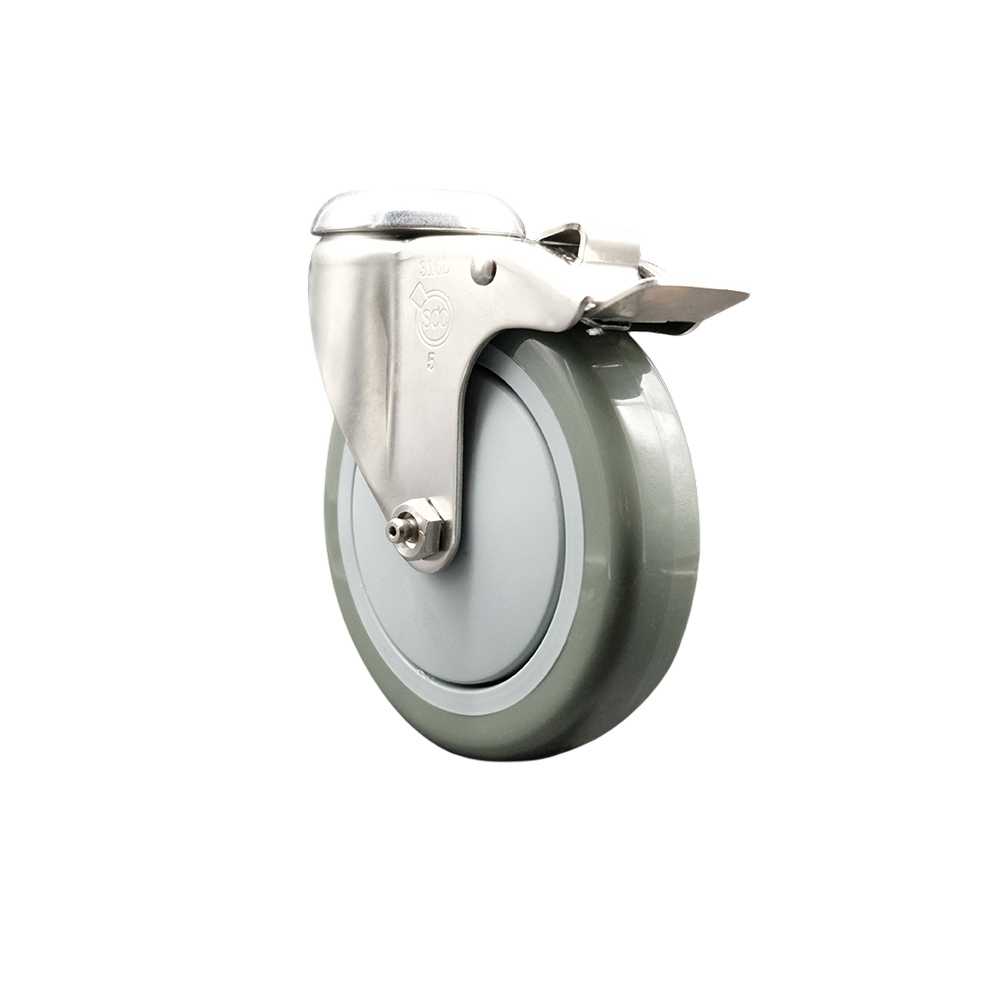 Polyurethane Swivel Bolt Hole Caster with 5 Inch Gray Caster Wheel and Total Lock Brake - 316 Stainless Steel Caster - 350 lbs. Capacity Per Caster - Service Caster Brand — photo 1