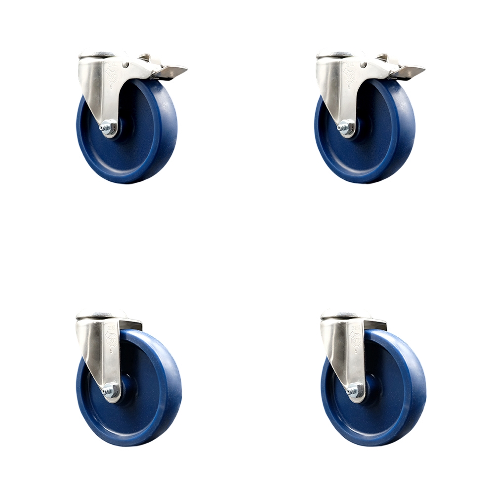 Solid Polyurethane Swivel Bolt Hole Caster Set of 4 with 5 Inch Blue Caster Wheels - 316 Stainless Steel Casters - Includes 2 Swivel with Total Lock Brakes and 2 Swivel - Service Caster Brand — photo 1