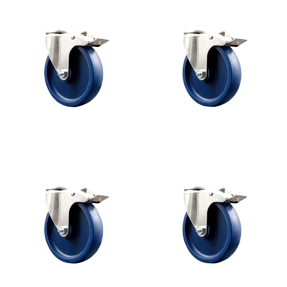 Solid Poly Swivel Bolt Hole Caster Set of 4 with 5 Inch Blue Caster Wheels-316 Stainless Steel Caster- Includes 4 Swivel Casters with Total Lock Brake - 1,200lbs. Total Capacity - Service Caster Brand — photo 1