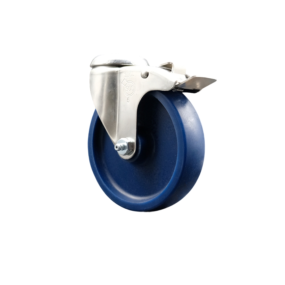 Solid Polyurethane Swivel Bolt Hole Caster with 5 Inch Blue Caster Wheel and Total Lock Brake - 316 Stainless Steel Caster - 300 lbs. Capacity Per Caster - Service Caster Brand — photo 1