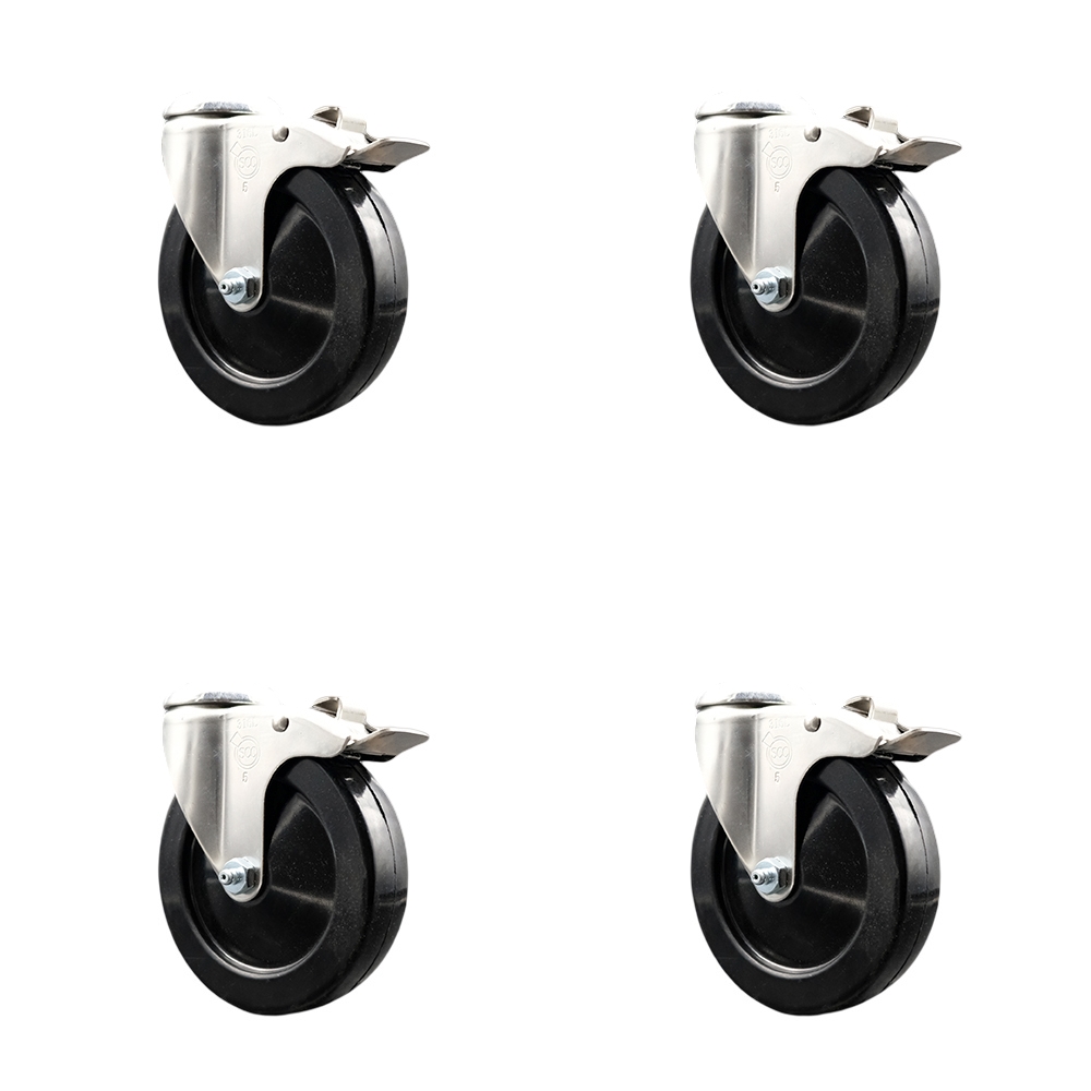 Soft Rubber Swivel Bolt Hole Caster Set of 4 with 5 Inch Black Caster Wheels-316 Stainless Steel Caster- Includes 4 Swivel Casters with Total Lock Brake-1,100lbs. Total Capacity - Service Caster Brand — photo 1