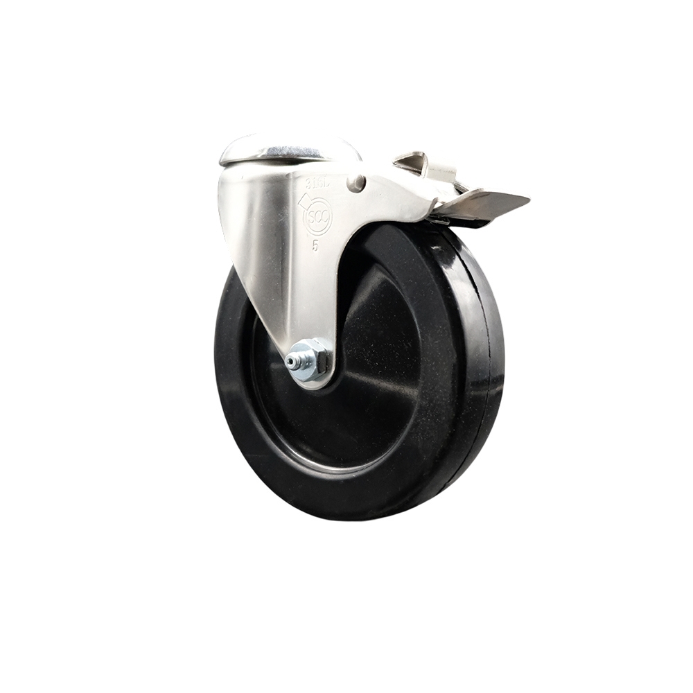 Soft Rubber Swivel Bolt Hole Caster with 5 Inch Black Caster Wheel and Total Lock Brake - 316 Stainless Steel Caster - 275 lbs. Capacity Per Caster - Service Caster Brand — photo 1