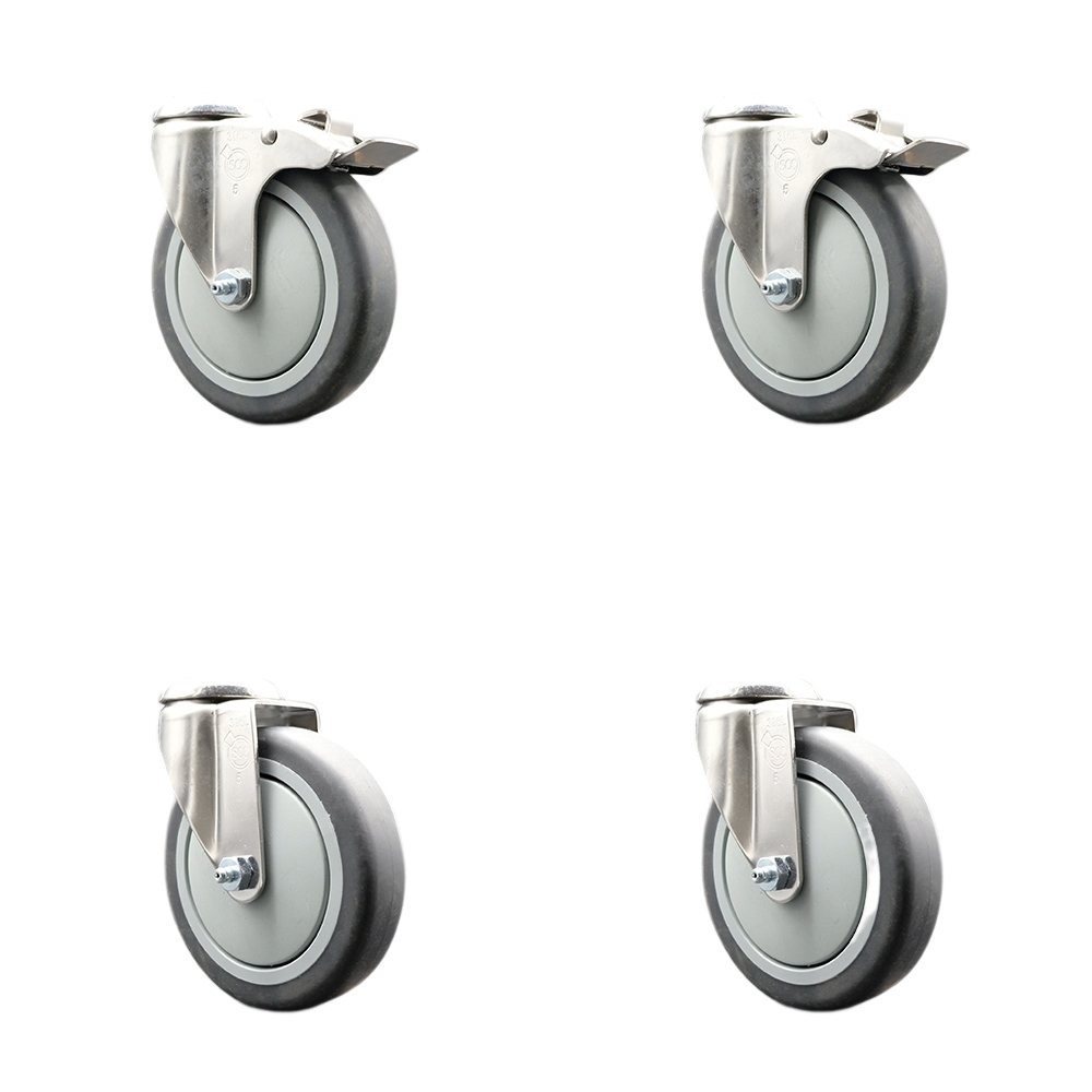 Thermoplastic Rubber Swivel Bolt Hole Caster Set of 4 with 5 Inch Gray Caster Wheels - 316 Stainless Steel Casters - Includes 2 Swivel with Total Lock Brakes and 2 Swivel - Service Caster Brand — photo 1