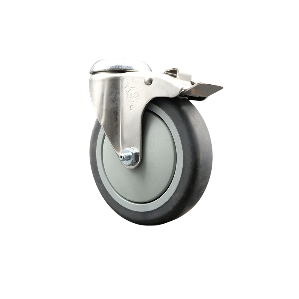 Thermoplastic Rubber Swivel Bolt Hole Caster with 5 Inch Gray Caster Wheel and Total Lock Brake - 316 Stainless Steel Caster - 300 lbs. Capacity Per Caster - Service Caster Brand — photo 1