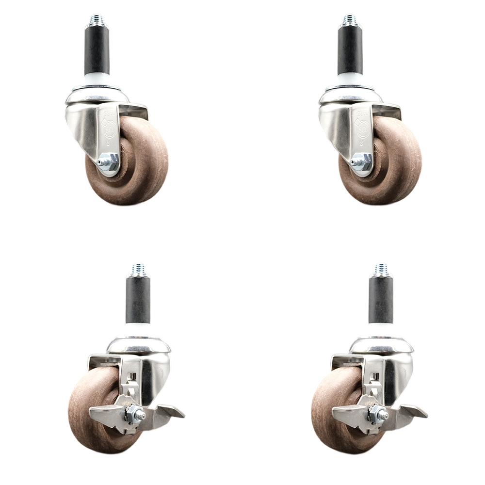 High Temp Glass Filled Nylon Swivel Stem Caster Set of 4 with 3 Inch Caster Wheels-1-1/8" Expanding Stems-316 Stainless Steel Caster-Include 2 Swivel with Top Lock Brake& 2 Swivel-Service Caster Brand — photo 1