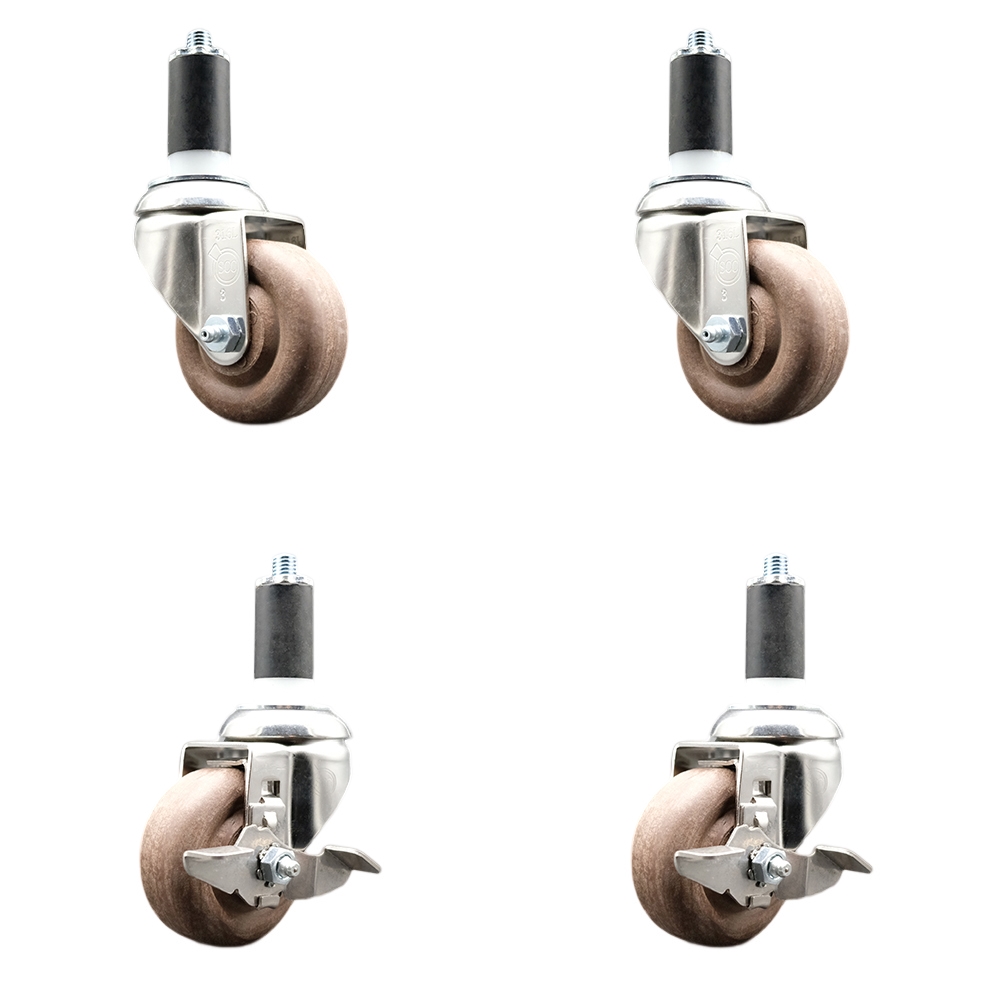 High Temp Glass Filled Nylon Swivel Stem Caster Set of 4 with 3 Inch Caster Wheels-1-3/8" Expanding Stems-316 Stainless Steel Caster-Include 2 Swivel with Top Lock Brake& 2 Swivel-Service Caster Brand — photo 1