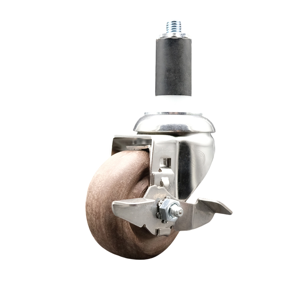 High Temp Glass Filled Nylon Swivel Stem Caster with 3 Inch Brown Caster Wheel and Top Lock Brake - 1-1/4" Expanding Stem-316 Stainless Steel Caster-350 lbs. Capacity Per Caster - Service Caster Brand — photo 1