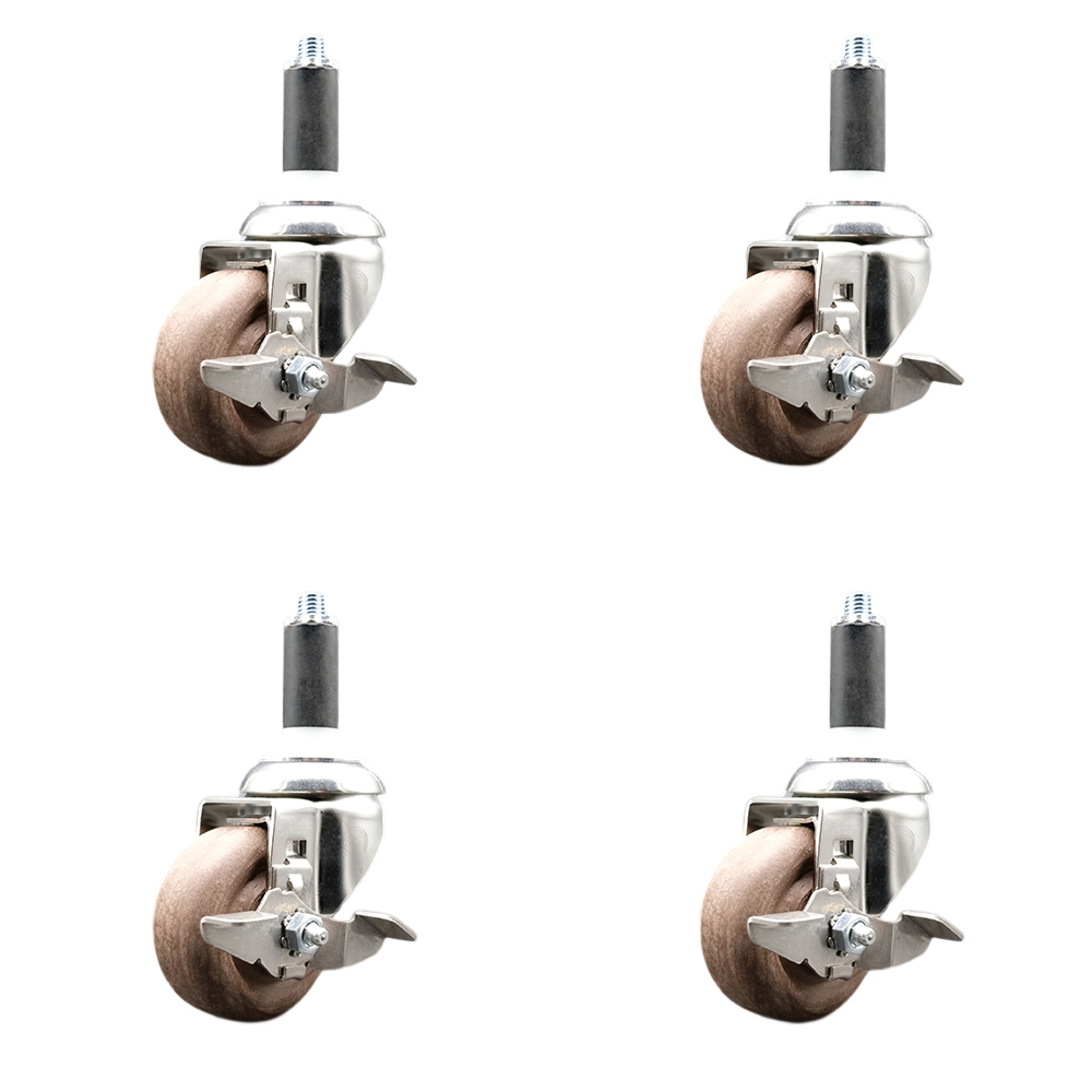 High Temp Glass Filled Nylon Swivel Stem Caster Set of 4 with 3 Inch Caster Wheels- 1-1/8" Expanding Stems-316 Stainless Steel Casters-Include 4 Swivel Casters with Top Lock Brake-Service Caster Brand — photo 1
