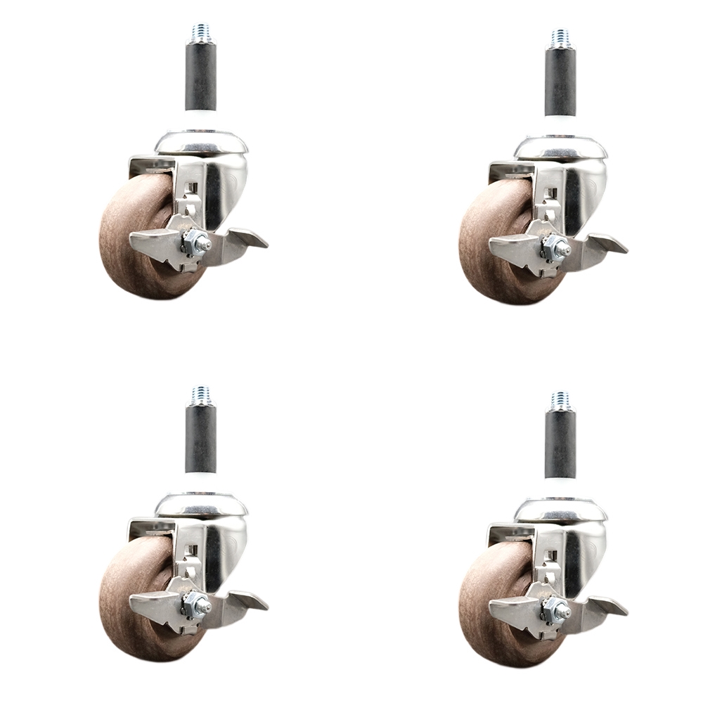 High Temp Glass Filled Nylon Swivel Stem Caster Set of 4 with 3 Inch Caster Wheels- 3/4" Expanding Stems-316 Stainless Steel Casters-Includes 4 Swivel Casters with Top Lock Brakes-Service Caster Brand — photo 1