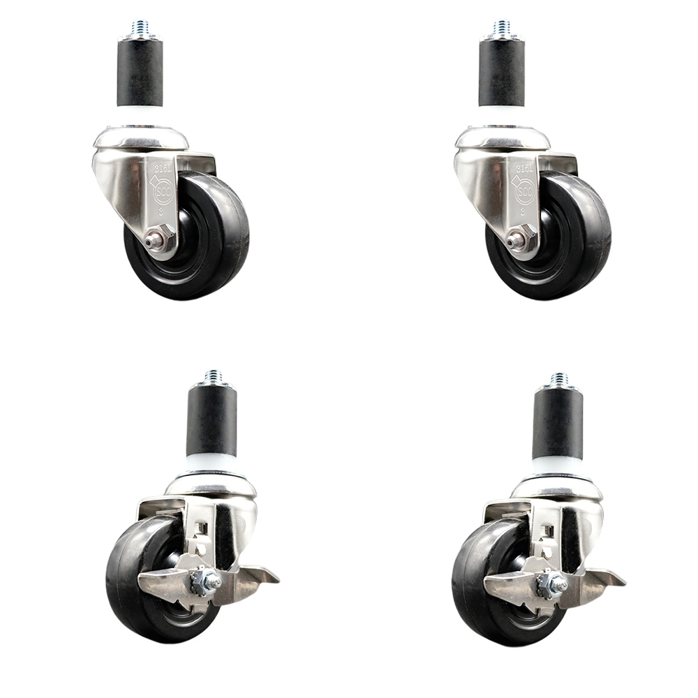 Soft Rubber Swivel Stem Caster Set of 4 with 3 Inch Caster Wheels - 1-1/2" Expanding Stems - 316 Stainless Steel Casters - Includes 2 Swivel with Top Lock Brakes and 2 Swivel - Service Caster Brand — photo 1
