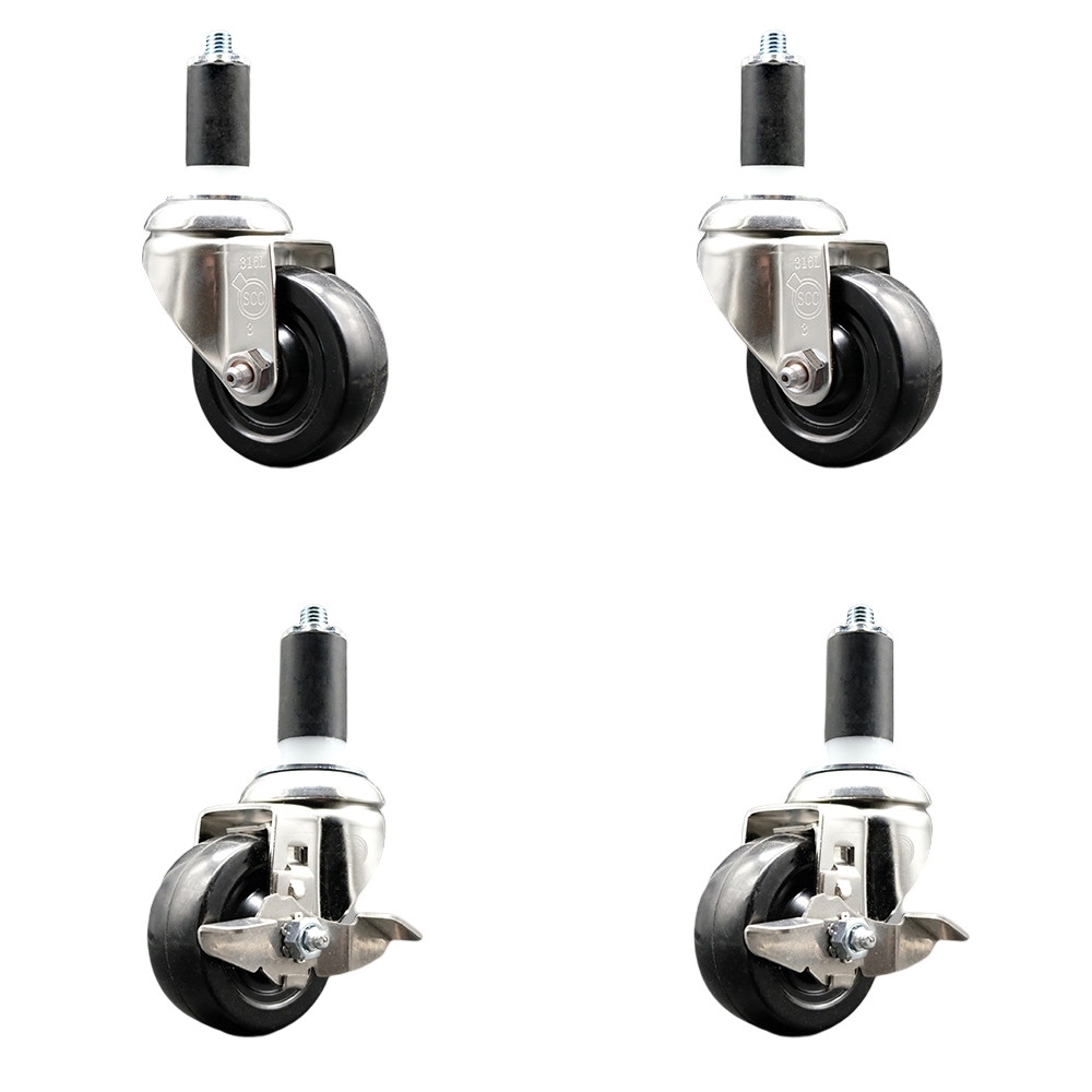 Soft Rubber Swivel Stem Caster Set of 4 with 3.5 Inch Caster Wheels - 1-1/4" Expanding Stems - 316 Stainless Steel Casters - Includes 2 Swivel with Top Lock Brakes and 2 Swivel - Service Caster Brand — photo 1