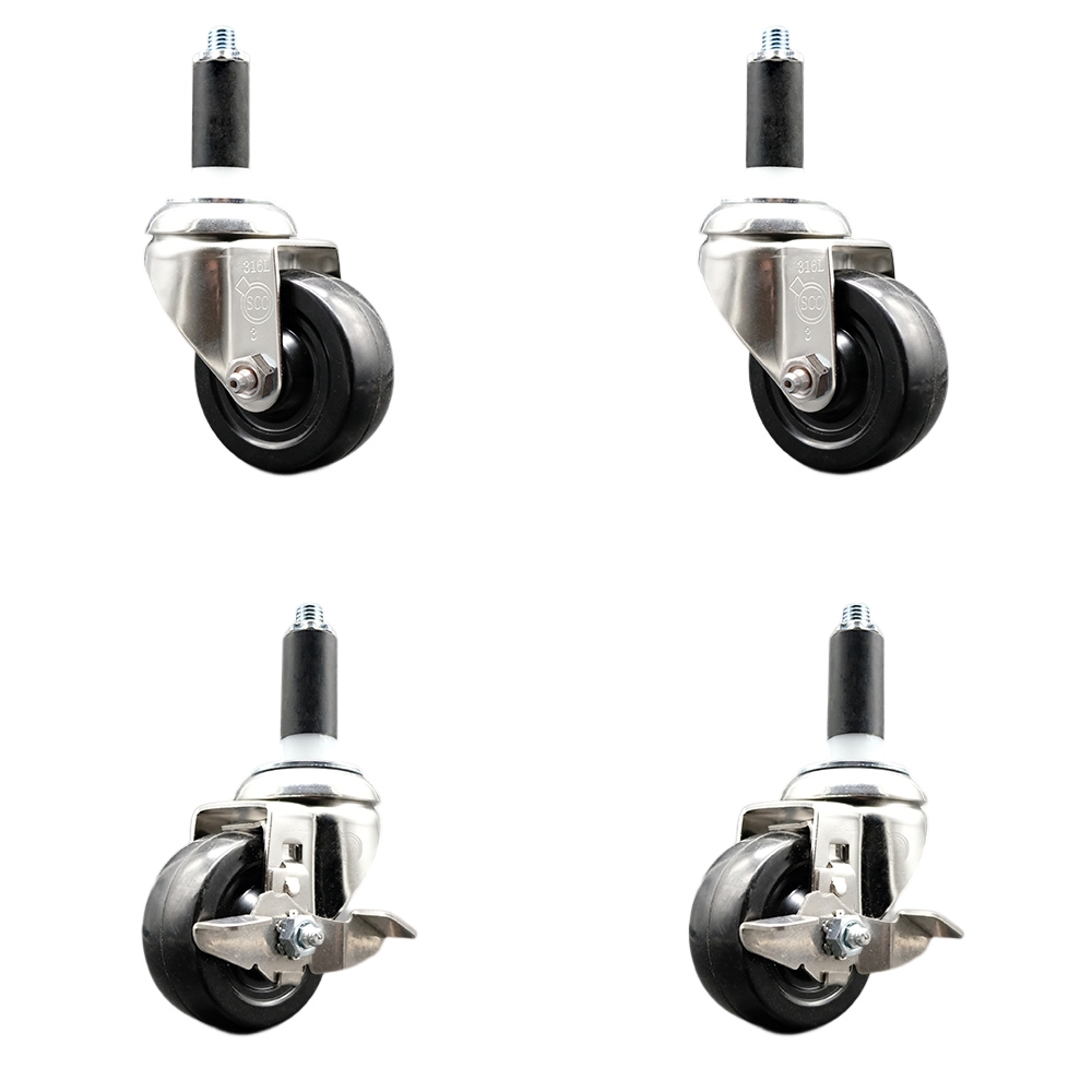 Hard Rubber Swivel Stem Caster Set of 4 with 3.5 Inch Caster Wheels - 1-1/8" Expanding Stems - 316 Stainless Steel Casters - Includes 2 Swivel with Top Lock Brakes and 2 Swivel - Service Caster Brand — photo 1