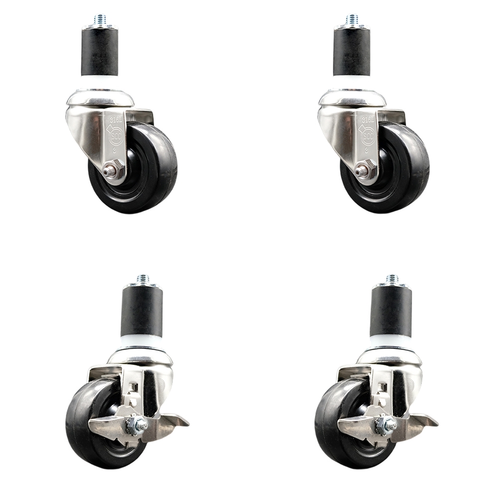Soft Rubber Swivel Stem Caster Set of 4 with 3.5 Inch Caster Wheels - 1-3/4" Expanding Stems - 316 Stainless Steel Casters - Includes 2 Swivel with Top Lock Brakes and 2 Swivel - Service Caster Brand — photo 1