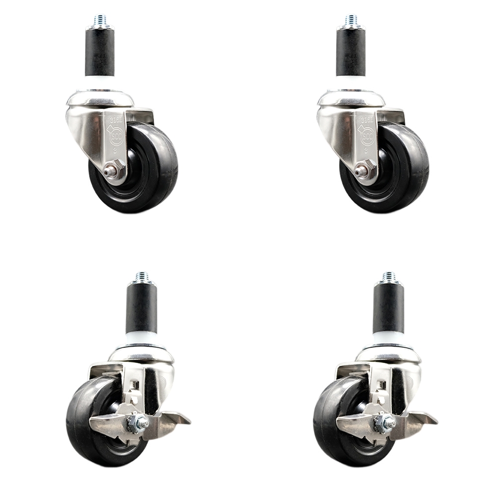Hard Rubber Swivel Stem Caster Set of 4 with 3 Inch Caster Wheels - 1-3/8" Expanding Stems - 316 Stainless Steel Casters - Includes 2 Swivel with Top Lock Brakes and 2 Swivel - Service Caster Brand — photo 1