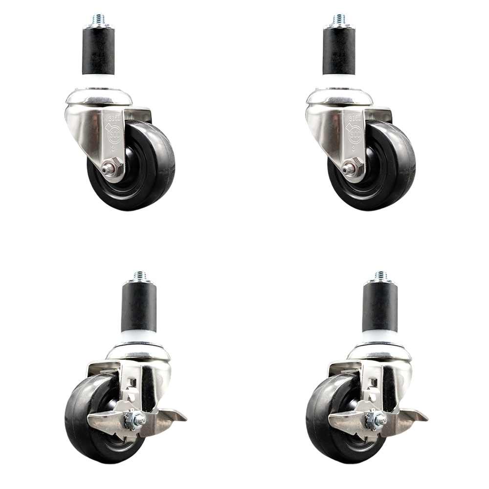 Soft Rubber Swivel Stem Caster Set of 4 with 3 Inch Caster Wheels - 1-5/8" Expanding Stems - 316 Stainless Steel Casters - Includes 2 Swivel with Top Lock Brakes and 2 Swivel - Service Caster Brand — photo 1